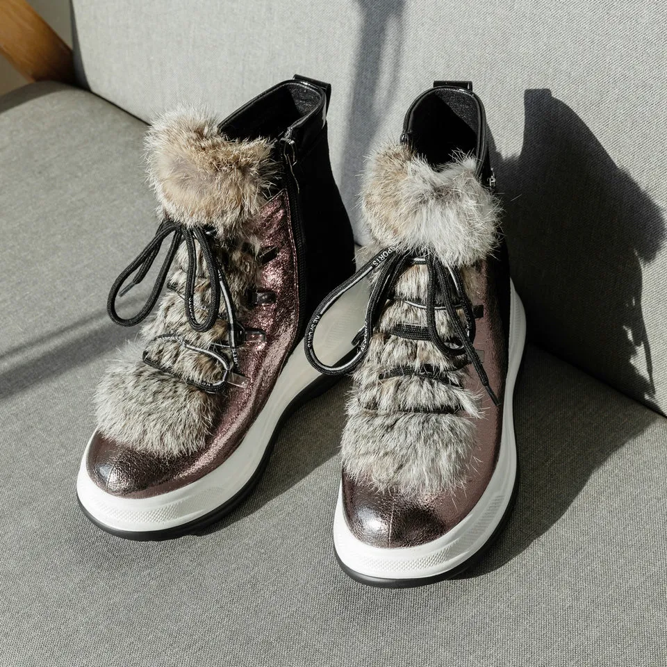 Woman Ankle Boots Fur Cow Leather  Wedge Heels Lace Up Winter Platform Ladies Motorcycle Snow Boots Size 3-12