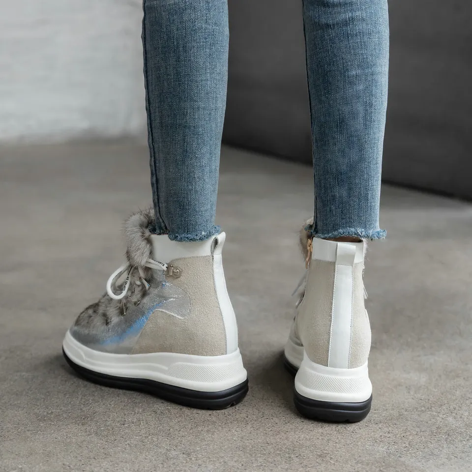 Woman Ankle Boots Fur Cow Leather  Wedge Heels Lace Up Winter Platform Ladies Motorcycle Snow Boots Size 3-12