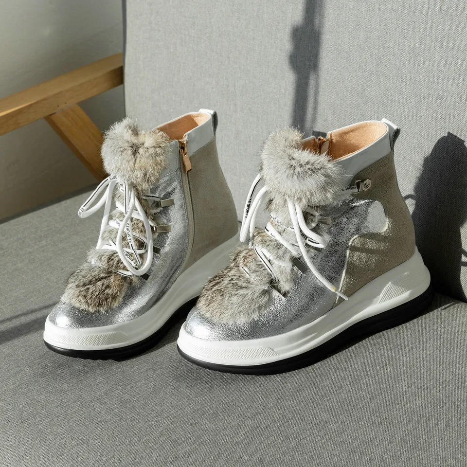 Woman Ankle Boots Fur Cow Leather  Wedge Heels Lace Up Winter Platform Ladies Motorcycle Snow Boots Size 3-12