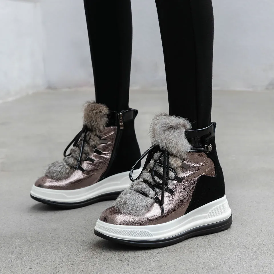 Woman Ankle Boots Fur Cow Leather  Wedge Heels Lace Up Winter Platform Ladies Motorcycle Snow Boots Size 3-12