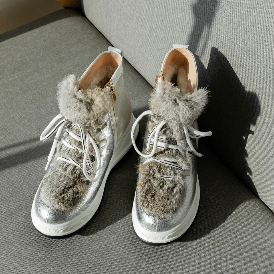 Woman Ankle Boots Fur Cow Leather  Wedge Heels Lace Up Winter Platform Ladies Motorcycle Snow Boots Size 3-12