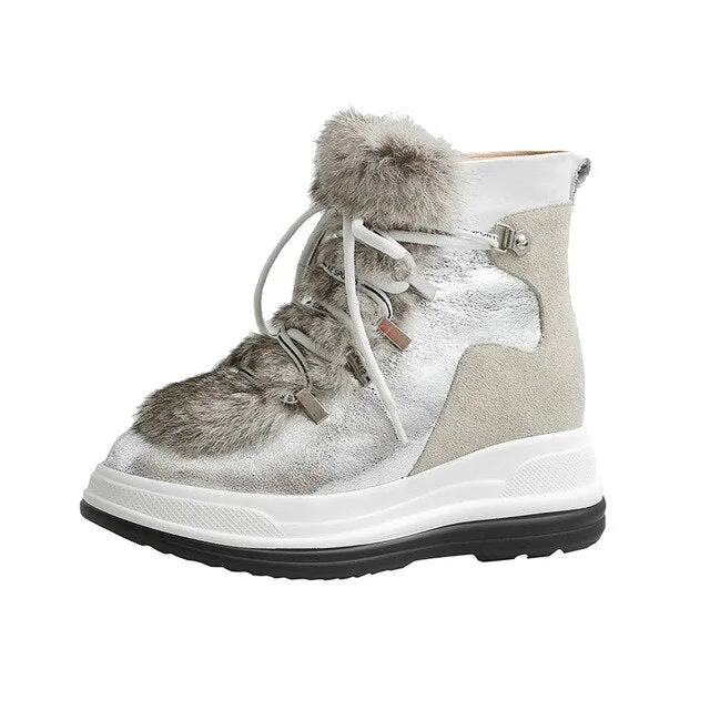 Woman Ankle Boots Fur Cow Leather  Wedge Heels Lace Up Winter Platform Ladies Motorcycle Snow Boots Size 3-12