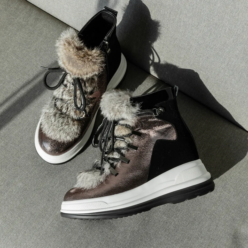Woman Ankle Boots Fur Cow Leather  Wedge Heels Lace Up Winter Platform Ladies Motorcycle Snow Boots Size 3-12