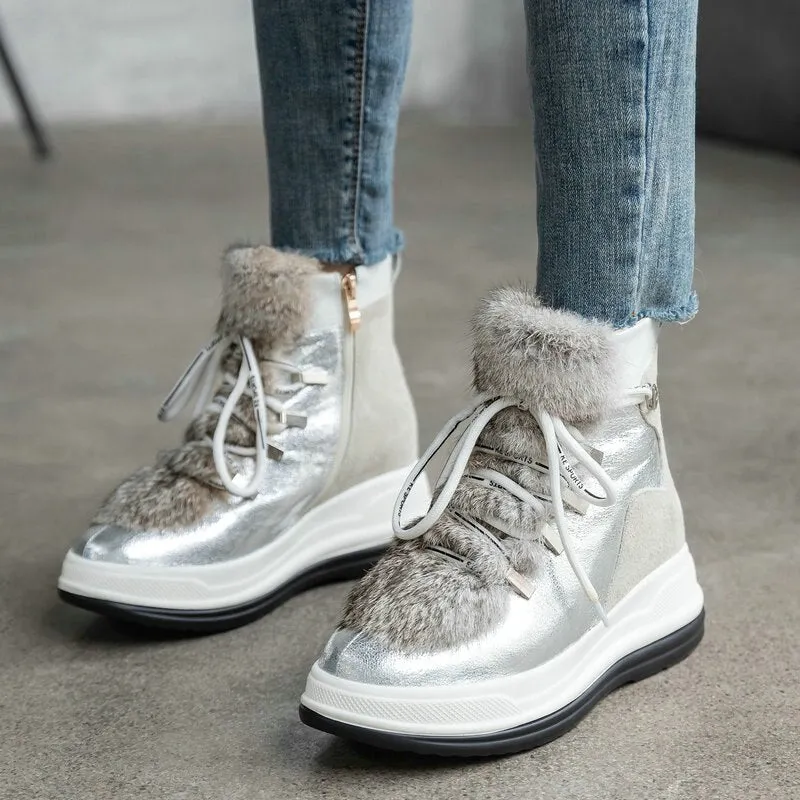 Woman Ankle Boots Fur Cow Leather  Wedge Heels Lace Up Winter Platform Ladies Motorcycle Snow Boots Size 3-12