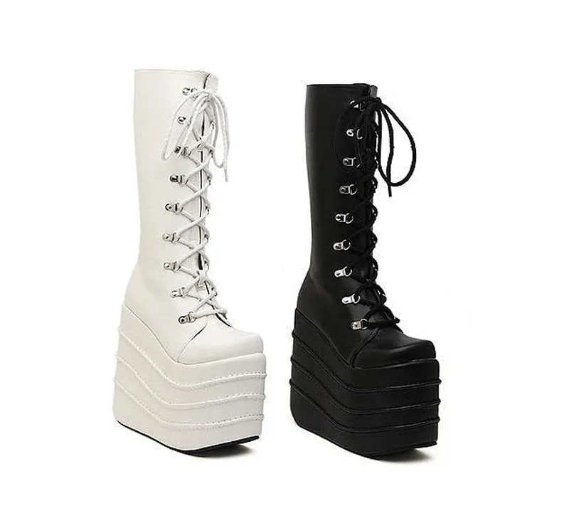 Womans Boots White/Black Cosplay Boots Square Toe Wedges Platform Pu Leather Knee High Boots Women Shoes High Heel 16cm