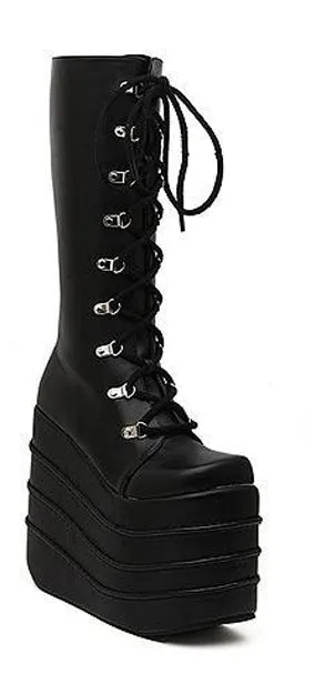 Womans Boots White/Black Cosplay Boots Square Toe Wedges Platform Pu Leather Knee High Boots Women Shoes High Heel 16cm