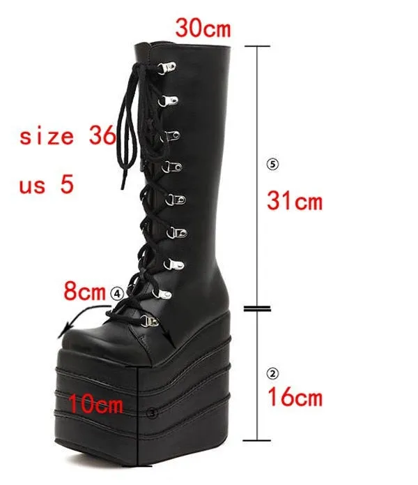 Womans Boots White/Black Cosplay Boots Square Toe Wedges Platform Pu Leather Knee High Boots Women Shoes High Heel 16cm