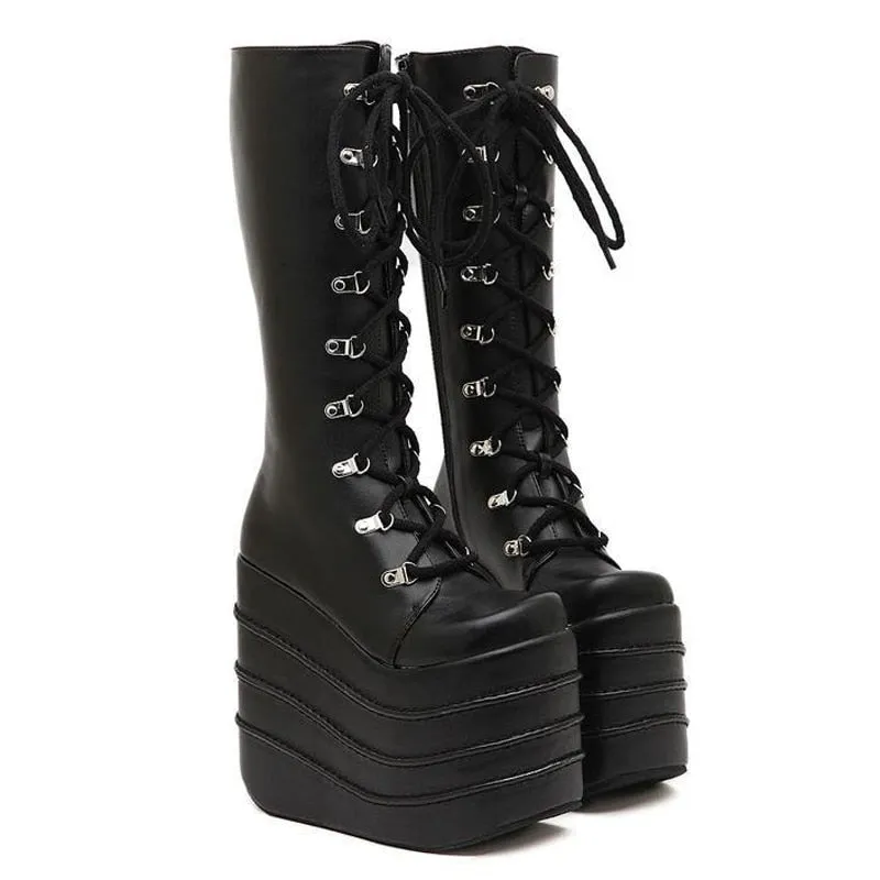 Womans Boots White/Black Cosplay Boots Square Toe Wedges Platform Pu Leather Knee High Boots Women Shoes High Heel 16cm