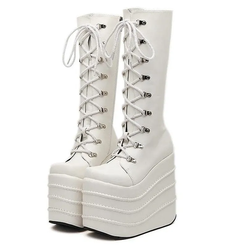 Womans Boots White/Black Cosplay Boots Square Toe Wedges Platform Pu Leather Knee High Boots Women Shoes High Heel 16cm