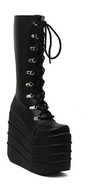 Womans Boots White/Black Cosplay Boots Square Toe Wedges Platform Pu Leather Knee High Boots Women Shoes High Heel 16cm