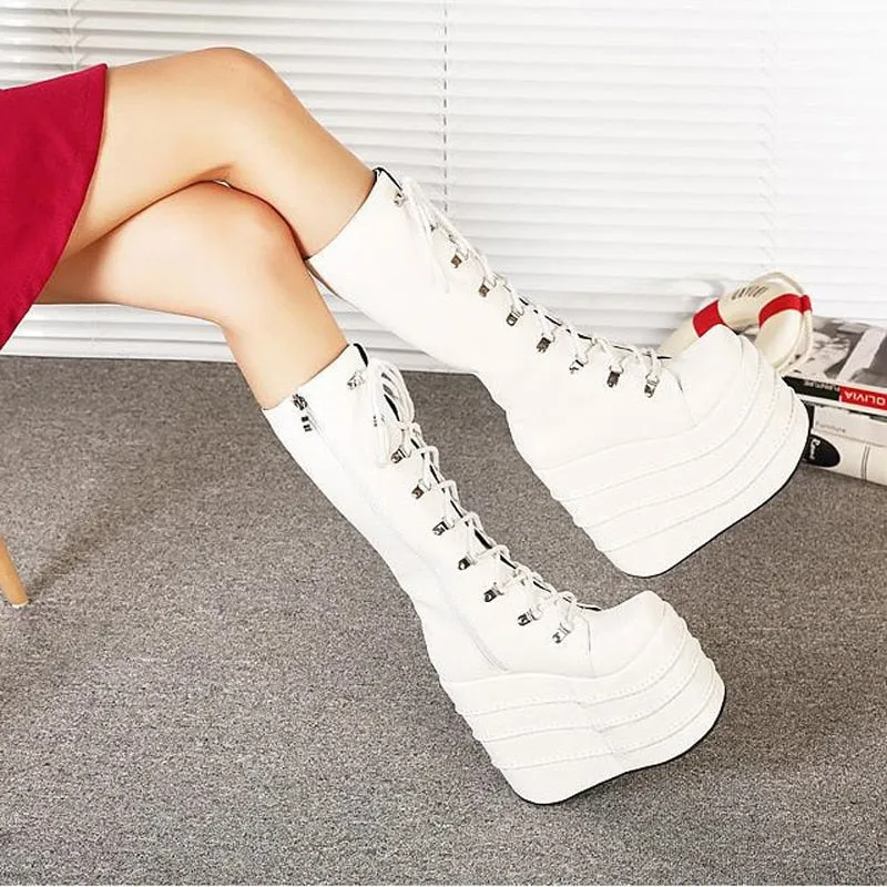 Womans Boots White/Black Cosplay Boots Square Toe Wedges Platform Pu Leather Knee High Boots Women Shoes High Heel 16cm