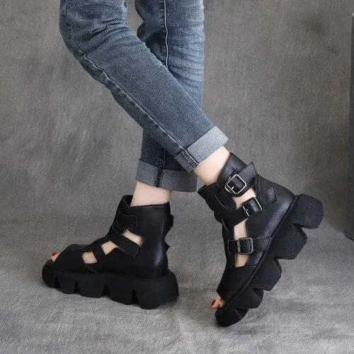 Women Leather Boots Black Peep Toe