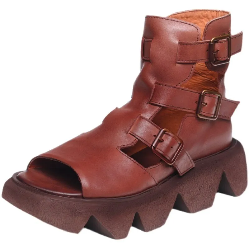 Women Leather Boots Black Peep Toe