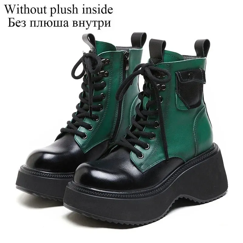 Women Mixed Colors Genuine Leather Platform Plush Warm Wedges Heel Boots