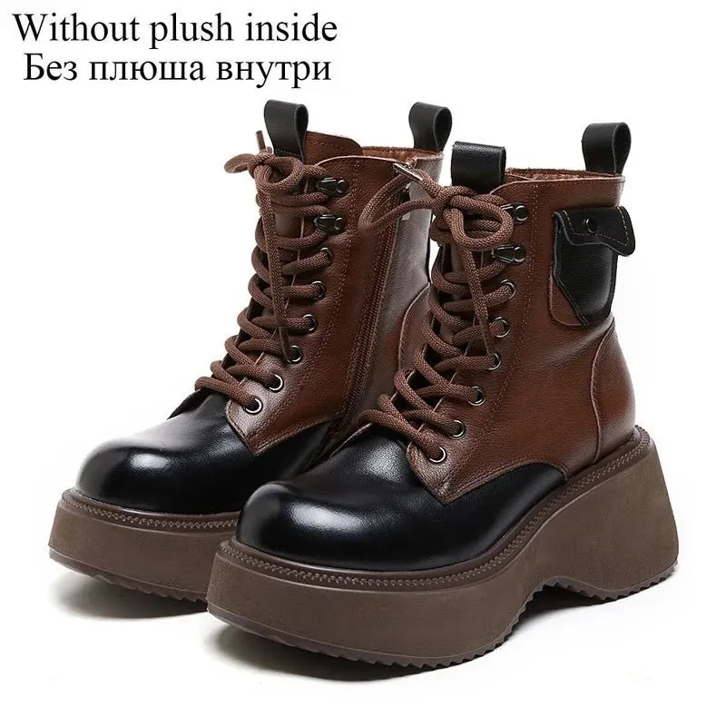 Women Mixed Colors Genuine Leather Platform Plush Warm Wedges Heel Boots