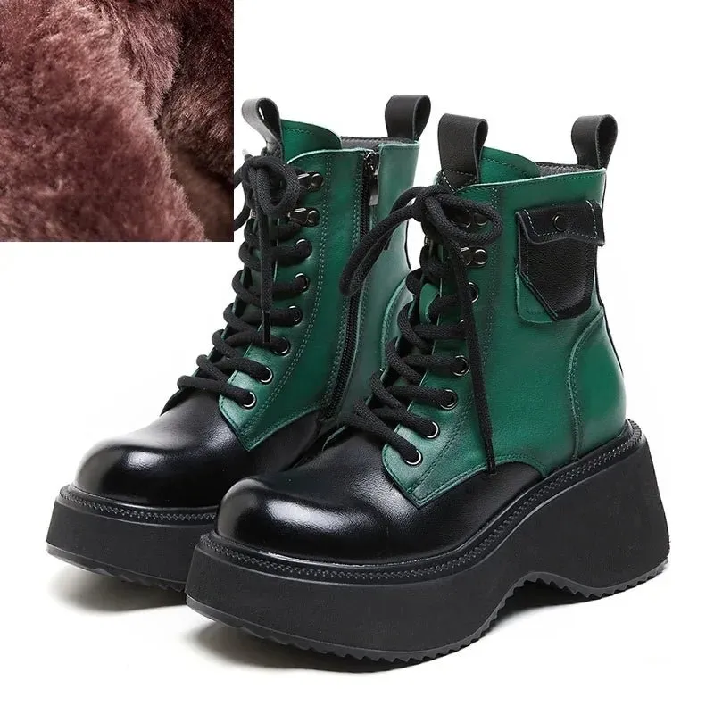Women Mixed Colors Genuine Leather Platform Plush Warm Wedges Heel Boots
