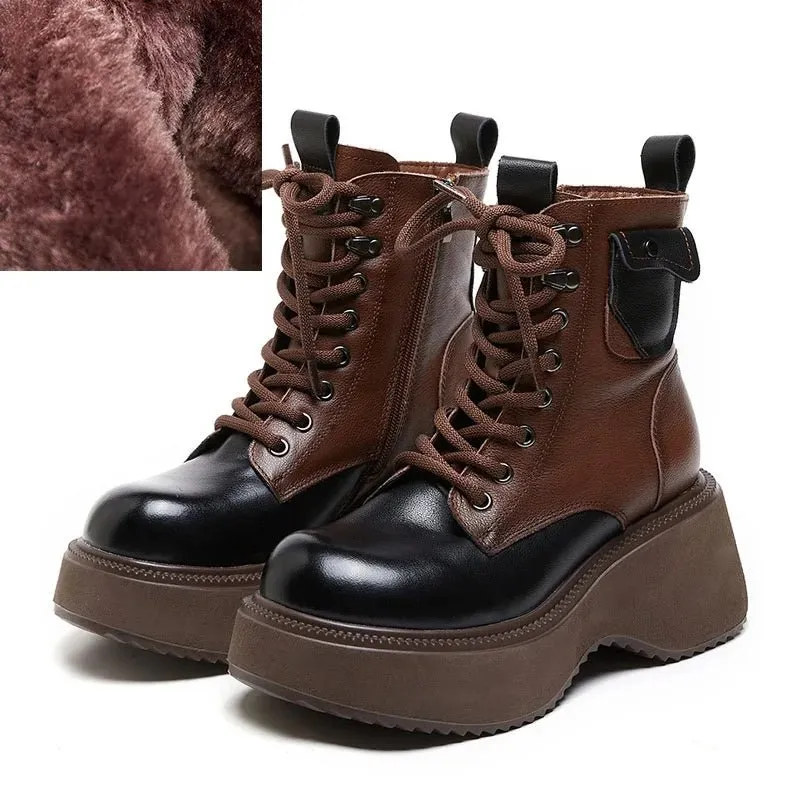 Women Mixed Colors Genuine Leather Platform Plush Warm Wedges Heel Boots