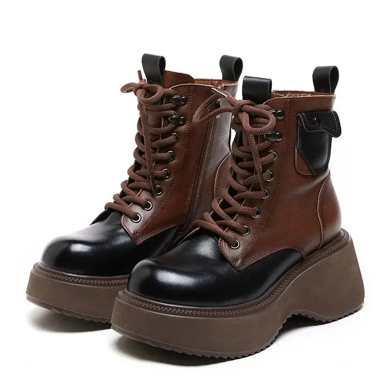 Women Mixed Colors Genuine Leather Platform Plush Warm Wedges Heel Boots