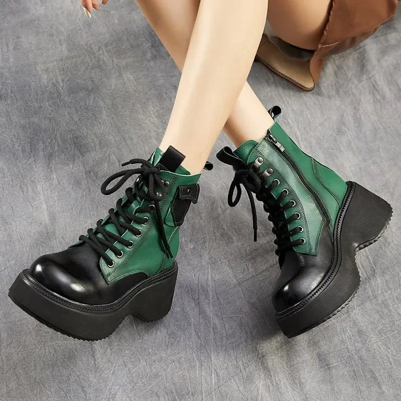 Women Mixed Colors Genuine Leather Platform Plush Warm Wedges Heel Boots