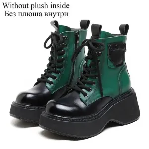 Women Mixed Colors Genuine Leather Platform Plush Warm Wedges Heel Boots