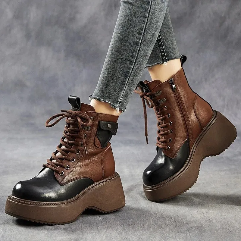 Women Mixed Colors Genuine Leather Platform Plush Warm Wedges Heel Boots