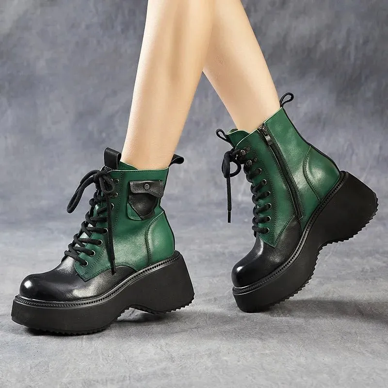 Women Mixed Colors Genuine Leather Platform Plush Warm Wedges Heel Boots