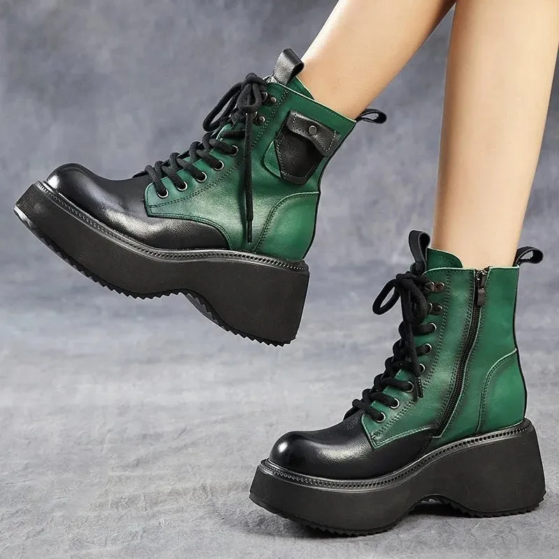 Women Mixed Colors Genuine Leather Platform Plush Warm Wedges Heel Boots