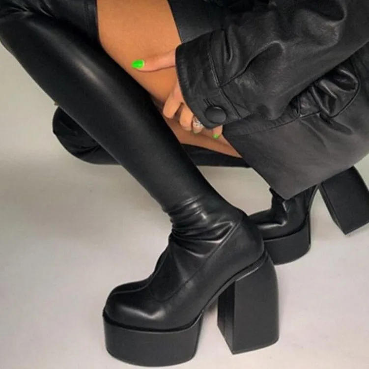 Women Thick Heels Platform Ankle Boots Stretch Knee High Heels