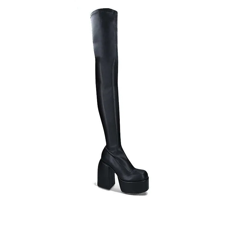 Women Thick Heels Platform Ankle Boots Stretch Knee High Heels