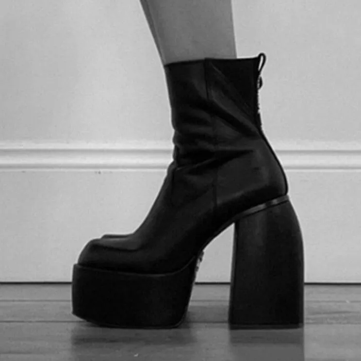 Women Thick Heels Platform Ankle Boots Stretch Knee High Heels