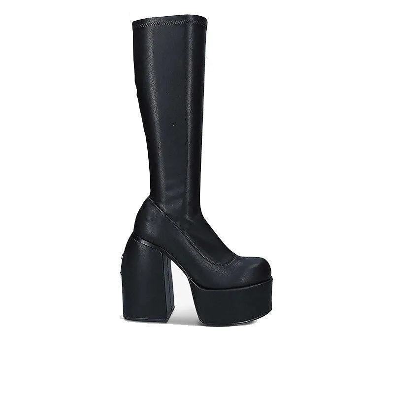 Women Thick Heels Platform Ankle Boots Stretch Knee High Heels