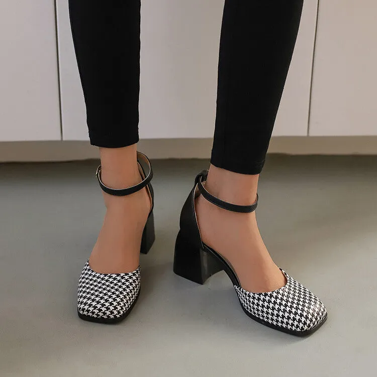 Women's Bicolor Square Toe Ankle Strap Block Heel Sandals