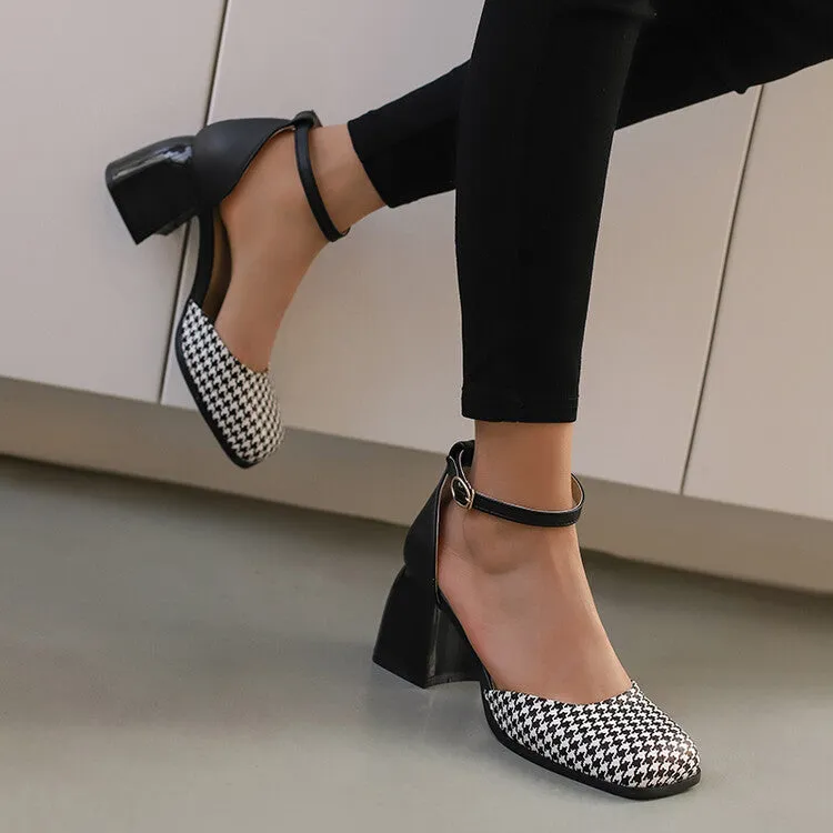 Women's Bicolor Square Toe Ankle Strap Block Heel Sandals