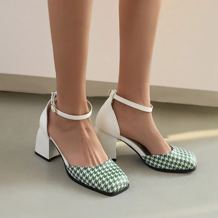 Women's Bicolor Square Toe Ankle Strap Block Heel Sandals