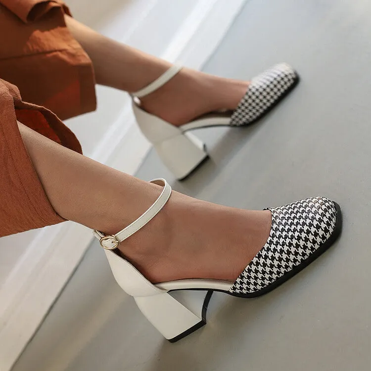 Women's Bicolor Square Toe Ankle Strap Block Heel Sandals