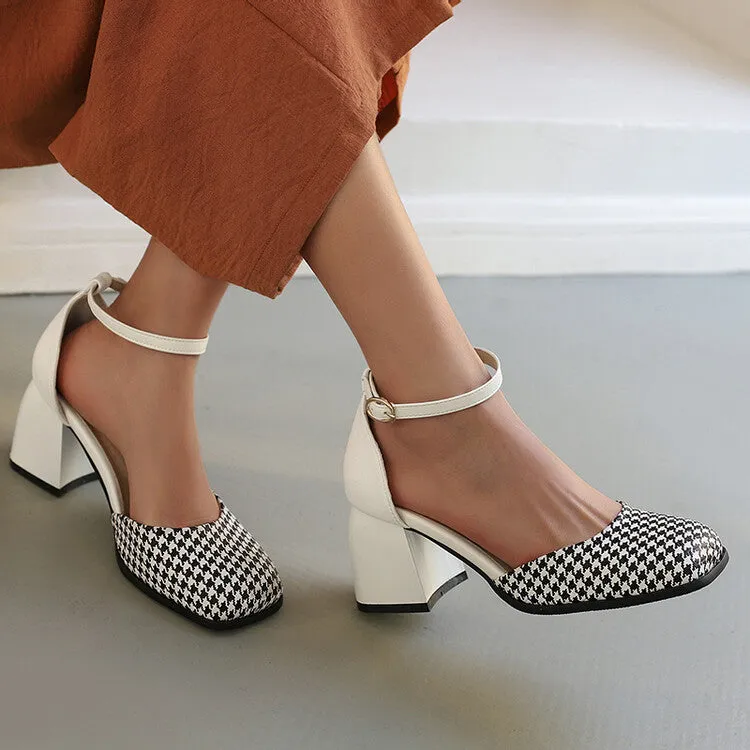 Women's Bicolor Square Toe Ankle Strap Block Heel Sandals