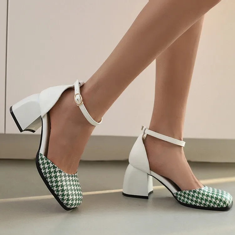 Women's Bicolor Square Toe Ankle Strap Block Heel Sandals