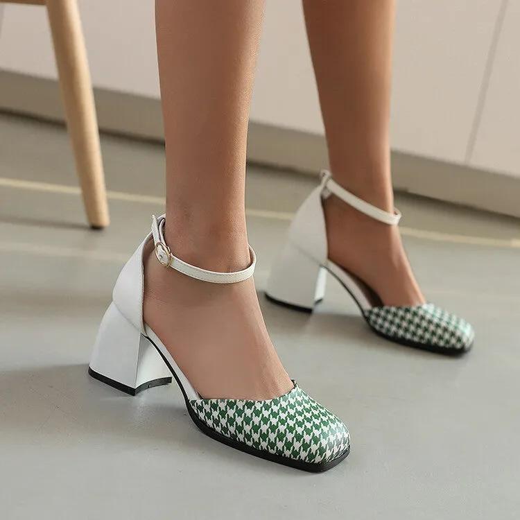 Women's Bicolor Square Toe Ankle Strap Block Heel Sandals