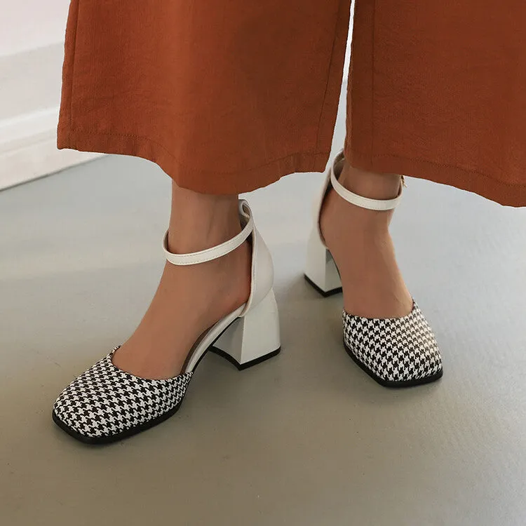 Women's Bicolor Square Toe Ankle Strap Block Heel Sandals