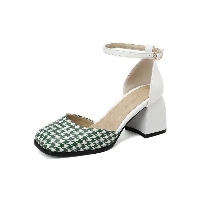 Women's Bicolor Square Toe Ankle Strap Block Heel Sandals
