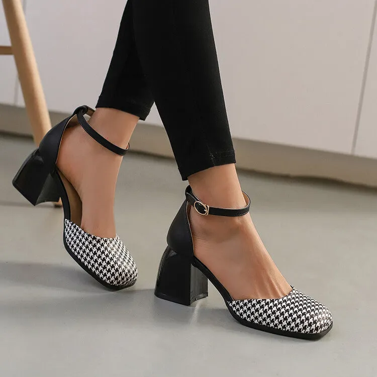 Women's Bicolor Square Toe Ankle Strap Block Heel Sandals
