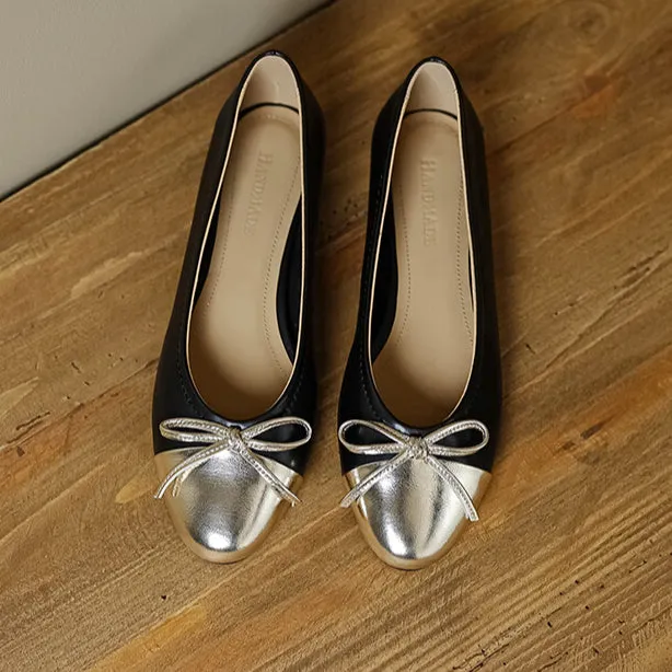 Womens Leather Ballet Flats Shoes with Bow and Color Block Design