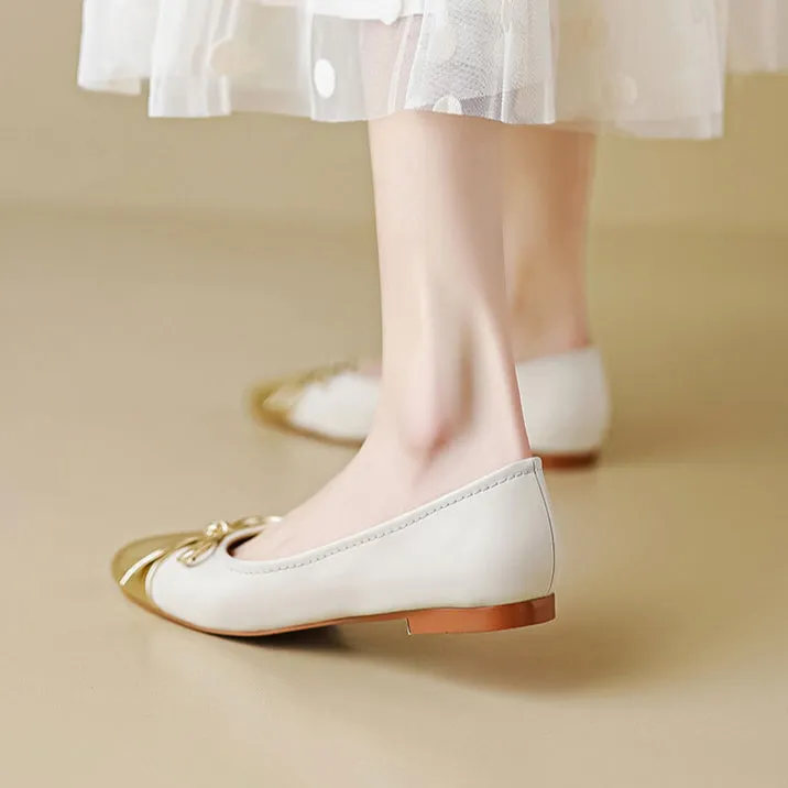 Womens Leather Ballet Flats Shoes with Bow and Color Block Design