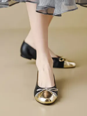 Womens Leather Ballet Flats Shoes with Bow and Color Block Design
