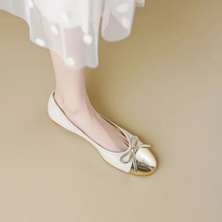 Womens Leather Ballet Flats Shoes with Bow and Color Block Design