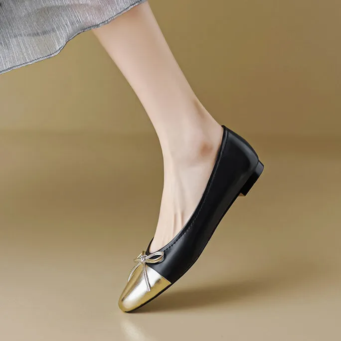 Womens Leather Ballet Flats Shoes with Bow and Color Block Design