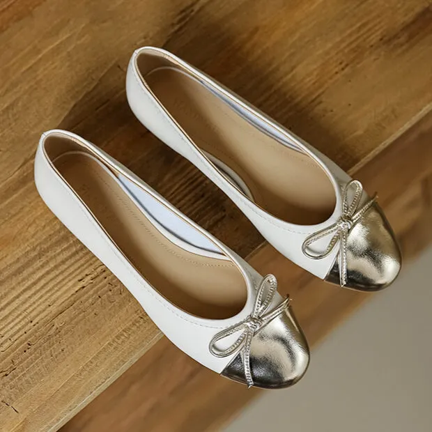 Womens Leather Ballet Flats Shoes with Bow and Color Block Design