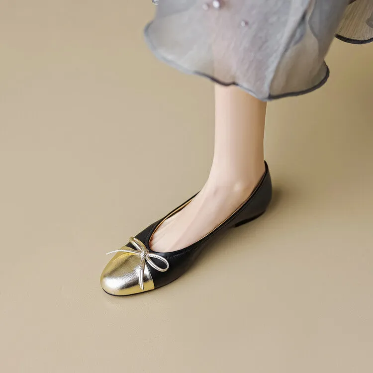 Womens Leather Ballet Flats Shoes with Bow and Color Block Design
