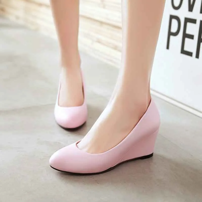 Womens Platform Wedges Pu Leather Dress Heels 6cm Small And Big Size Shoes
