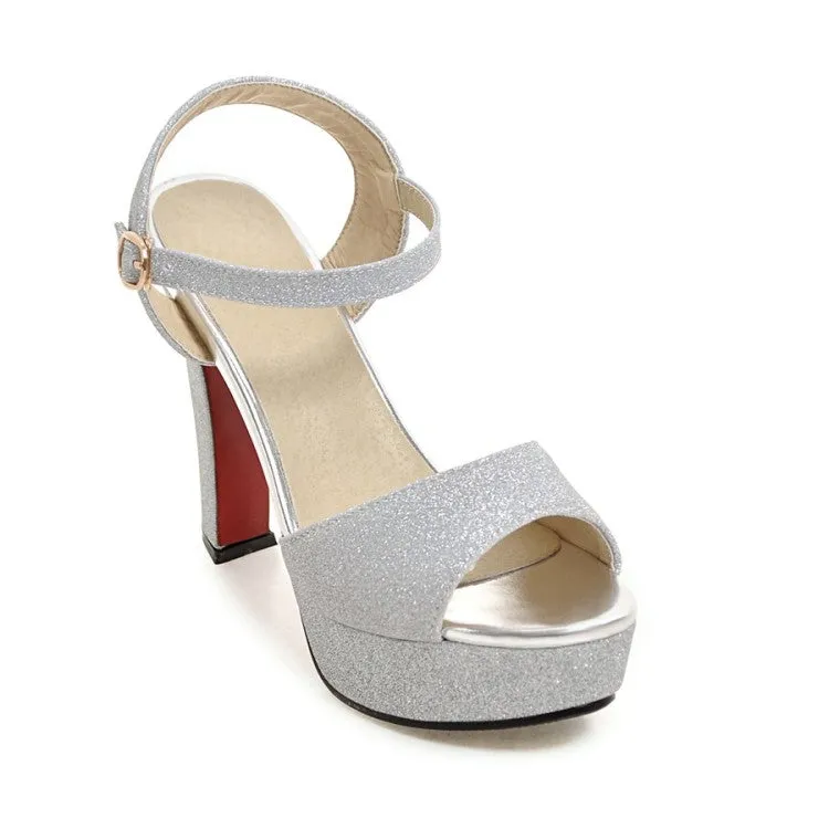 Women's Sparkling Peep Toe Ankle Strap Buckle Platform Chunky Heel Sandals